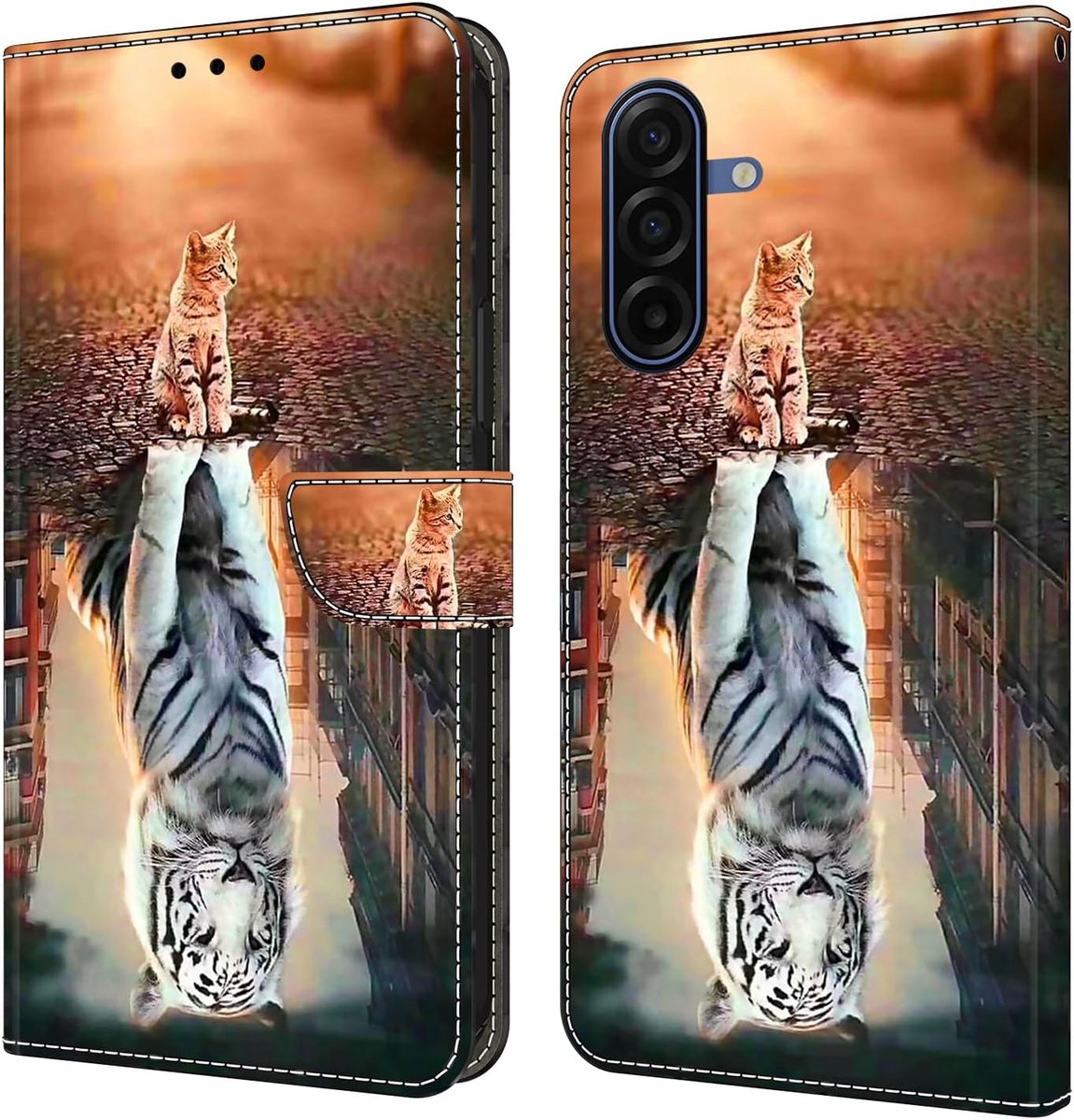Compatibel met Samsung Galaxy A37 5G, hoes van PU-leer, klaphoes met standaard en kaartsleuven, beschermhoes, portemonnee, cover, kat, witte tijger