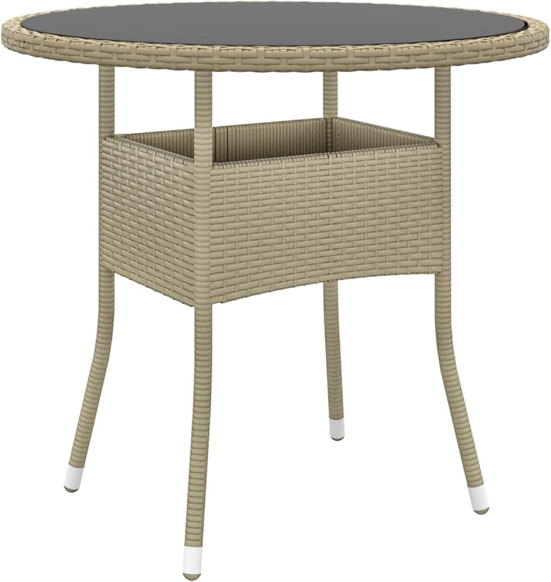 Buitentafel, terrastafel, outdoortafel, balkontafel, campingtafel, vierkante tafel, diameter 80 x 75 cm, gehard glas en polyrotan, beige