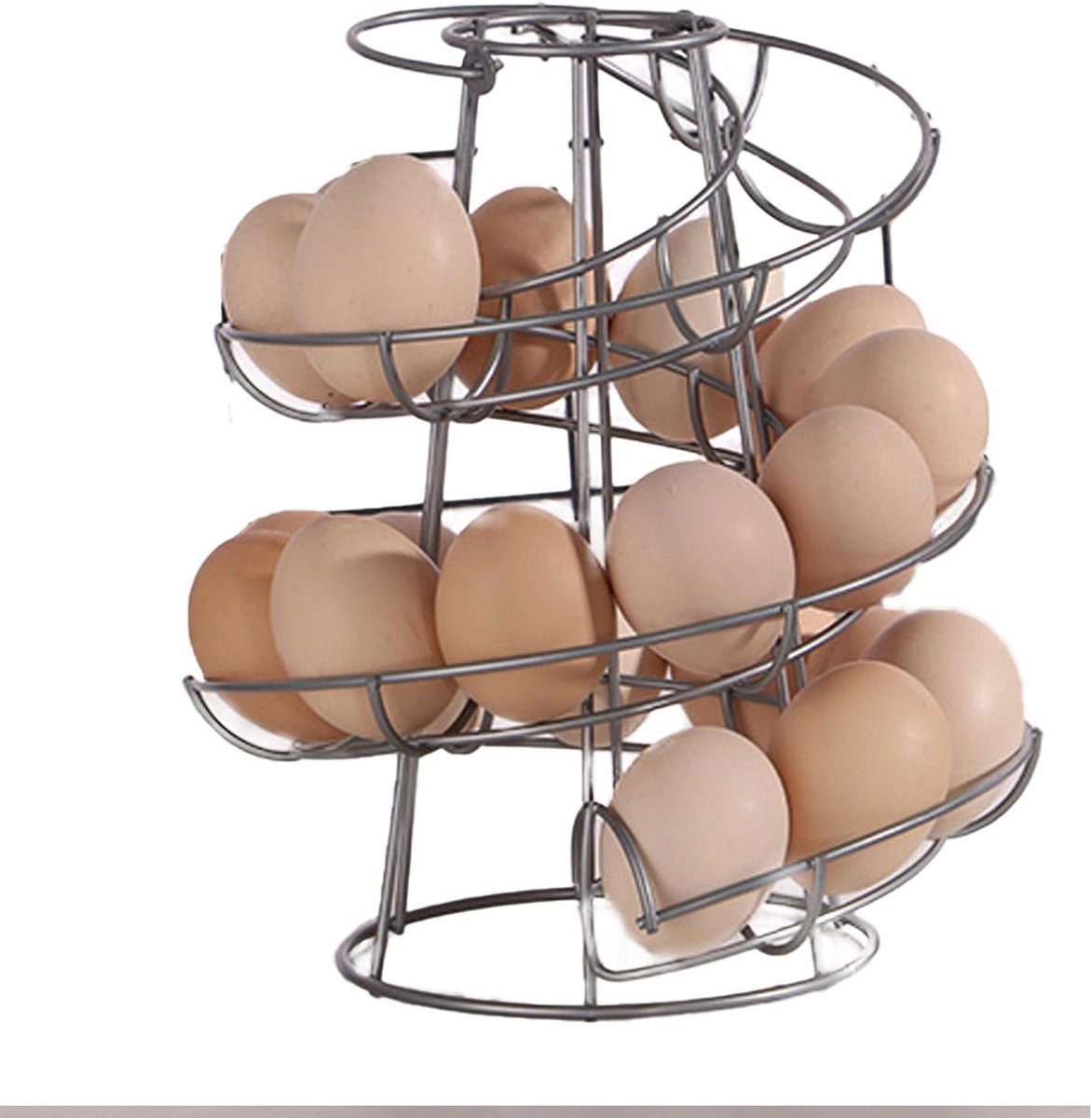 Spiraalvormige eierstandaard voor keuken, eieropbergrek, eierrek met grote capaciteit, 24 x 20 x 20 cm, stevig, roterende eierstandaard, roestvrij staal, spiraalvormig design (zilver)