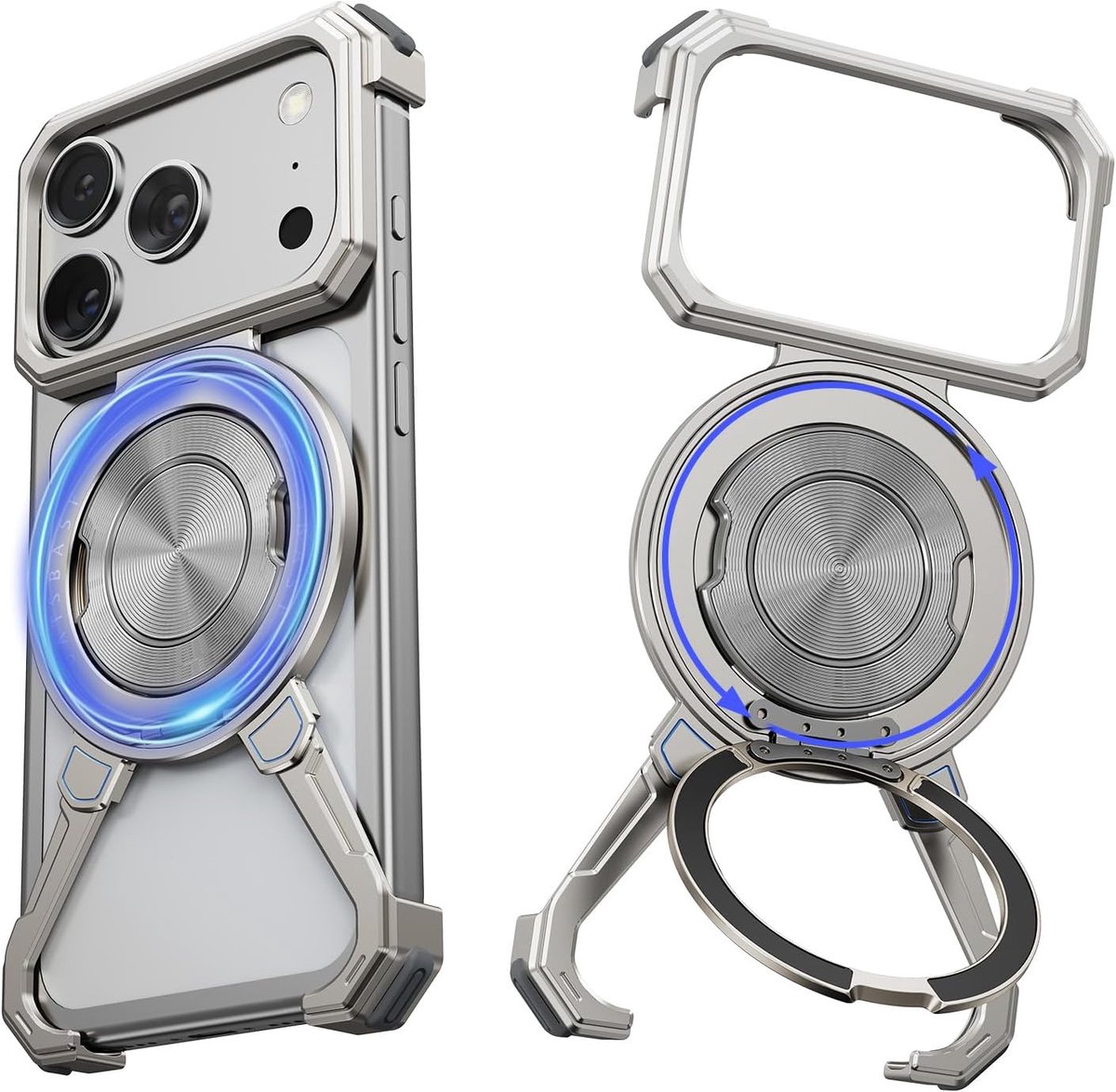 Shape Hoes voor iPhone 17 Pro Max, frameloze hoes, 360° draaibare magnetische standaard, telefoonhoes, dun aluminium, militair, schokbestendig, beschermhoes voor iPhone 17 Pro Max, bumper