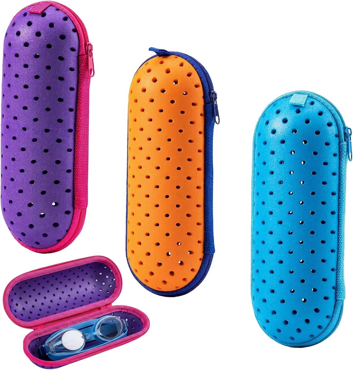 3 stuks zwembrillen, etui, bril met karabijnhaak, bescherming zwembril, brillenkoker voor zwembril, zonnebril, uniseks (blauw, oranje, paars)