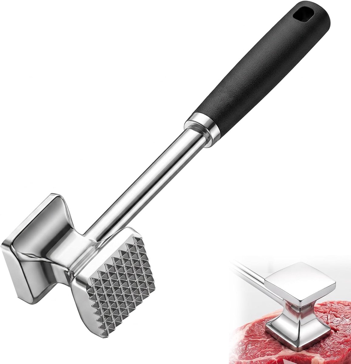 Vleeshamer Vleesklopper Roestvrij Staal 27 cm, Dubbelzijdige Snijhamer met Noppen en Vlakke Zijde van 220g, Ergonomische Steakklopper voor Biefstuk, Kip, Varken en Noten