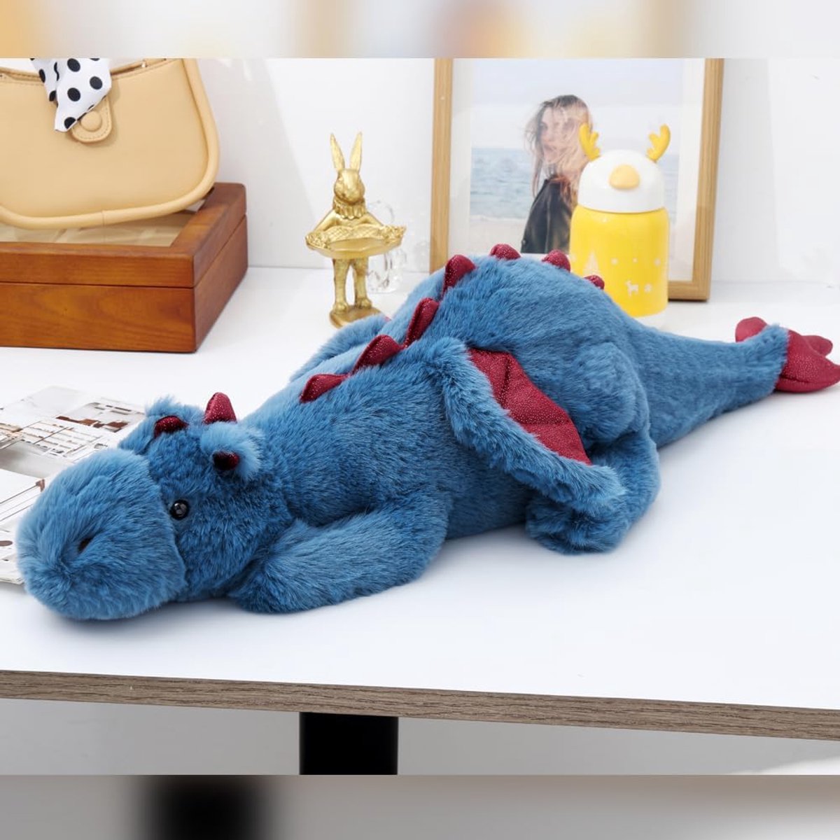gevulde dier, 65 cm, zacht drakenspeelgoed, 0,9 kg, therapeutisch sensorisch speelgoed voor kinderen en volwassenen, blauw/groen/roze/wit (65 x 24 x 12 cm)