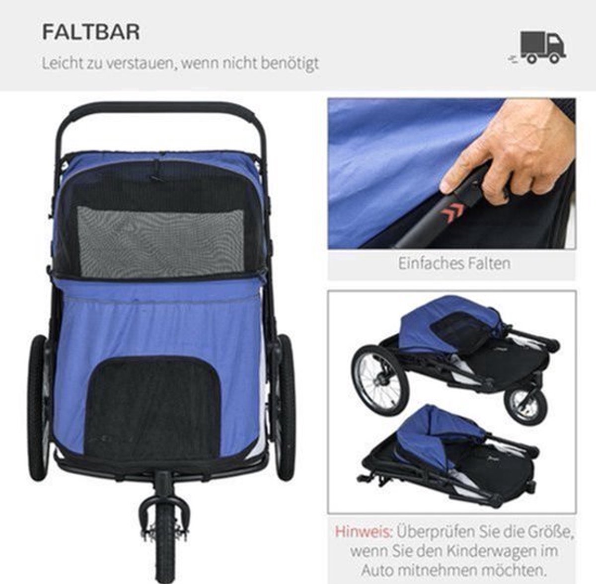 Opvouwbare Hondenwagen – Hondenbuggy – Hondentrolley – Hondenkar – Hondenbuggy – Comfortabel Ligkussen – Stevig Stalen Frame – Blauw/Zwart