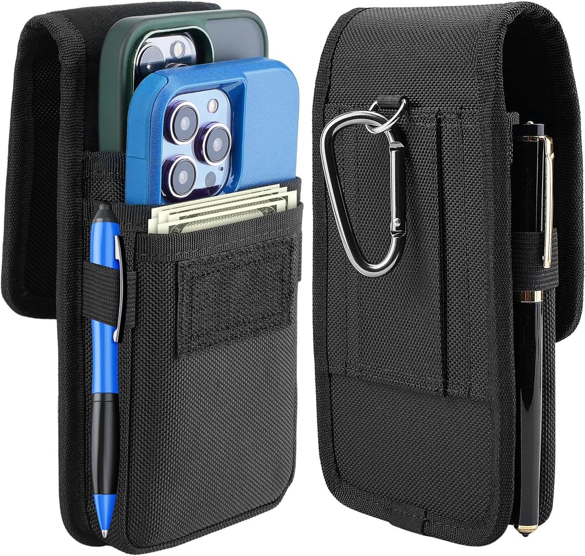 Dubbele telefoonhoes voor heren, grote nylon heuptas voor 2 smartphones, riemlus, voor iPhone (16, 15, 14, 13, 12, 11) Pro Max/Plus, Samsung Galaxy (S24, S23, S22, S21, S20) Ultra