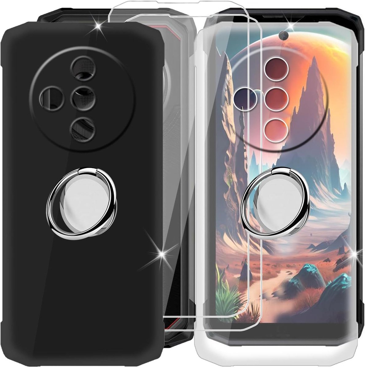 Telefoonhoesje voor Doogee Fire 6 (6,57 inch) + (2 stuks) schermbeschermer, 2 stuks ultradunne siliconen hoes bumper schokbestendig anti-drop slanke beschermhoes met telefoonhouder - zwart +