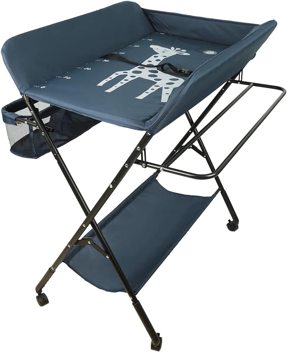 Luiertafel met opbergmand aan de zijkant, ijzeren structuur, maximale belasting 25 kg, voor pasgeborenen, ergonomisch design, opvouwbare en draagbare luiertafel (80 x 66 x 98 cm), blauw