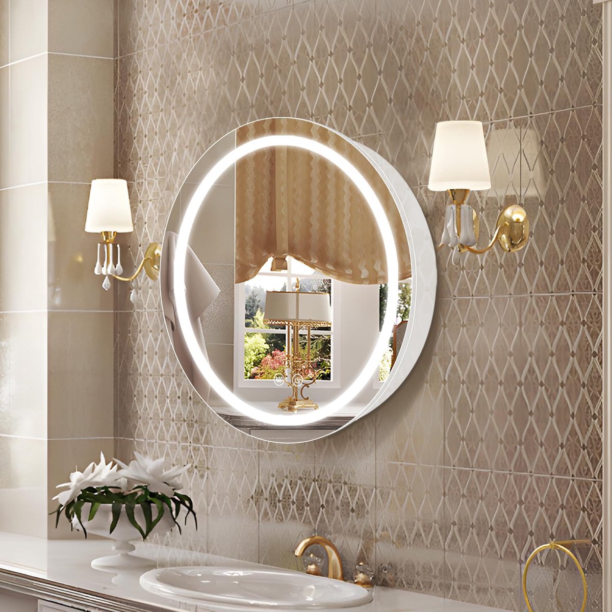 61 cm ronde medicijnkast met verlichting, led-medicijnkast met ontnevelaar, verlichte spiegelkast voor badkamer, dimbaar, condensvrij, 3000 K-6500 K, kleurtemperatuur, wit