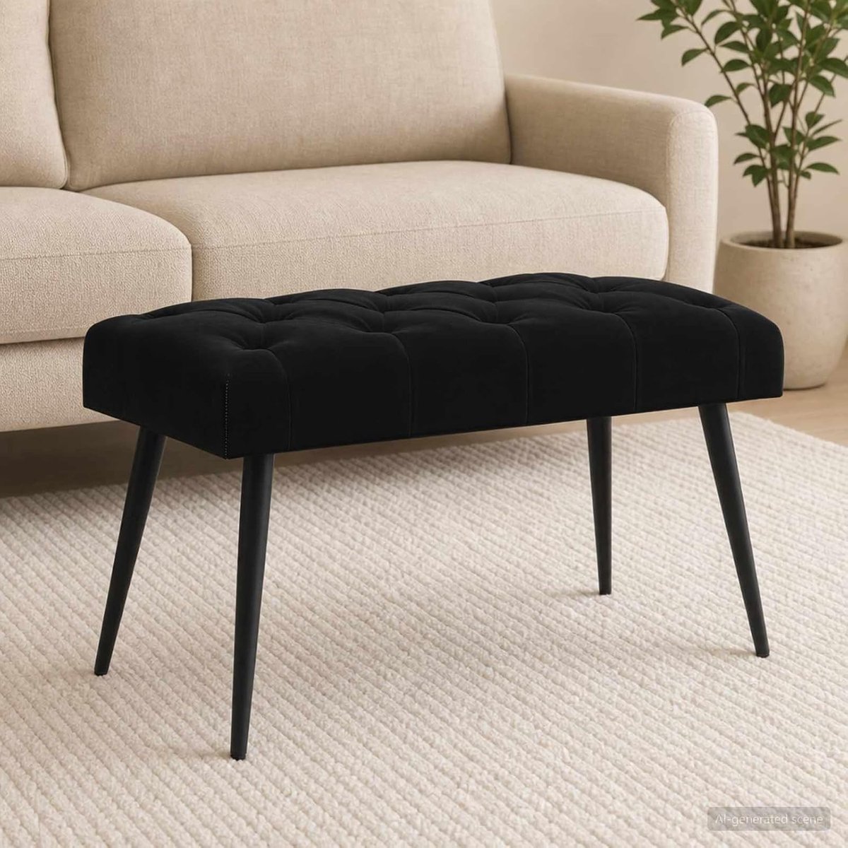 Zitbank met knoopsluiting, fluwelen gestoffeerde bank, 80 x 40 x 46 cm, zwart, voor slaapkamer, hal, entree, woonkamer
