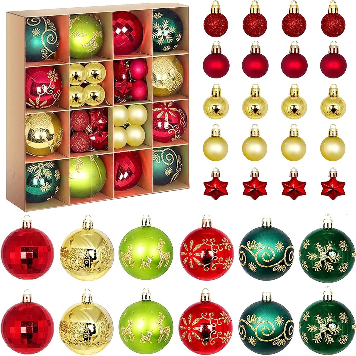 44 stuks van 11 soorten kerstdecoraties, rode en groene kerstballen, kerstballen, kerstballen, voor festivals, decoraties voor kerstbomen