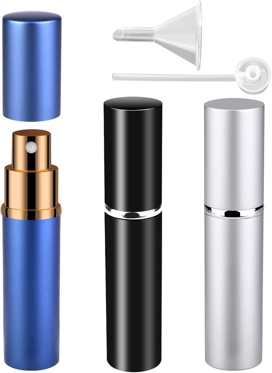 Parfumverstuiver, 3 stuks, 10 ml, parfum, aluminium spray, fles met trechter en pipet, dames, heren, draagbaar, voor reizen