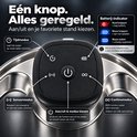 Zwart bedieningspaneel met icoontjes voor modus, timer, sensor en continu modus. Accu-indicator met rood en blauw knipperende lichten.