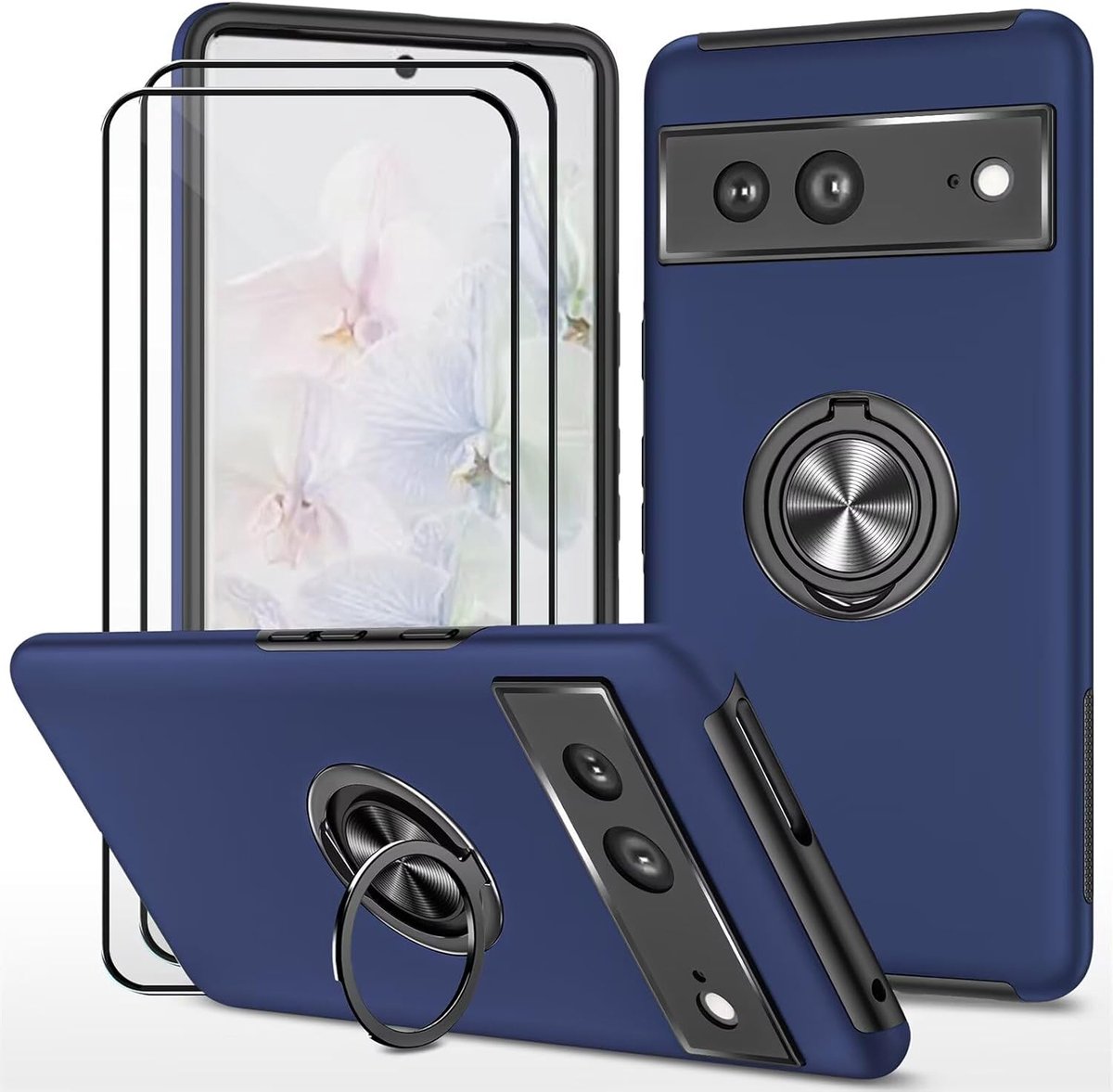 Beschermhoes voor Google Pixel 7 (6,3 inch) en 2 displaybeschermfolies van gehard glas, beschermhoes met ring, robuust, duurzaam, blauw