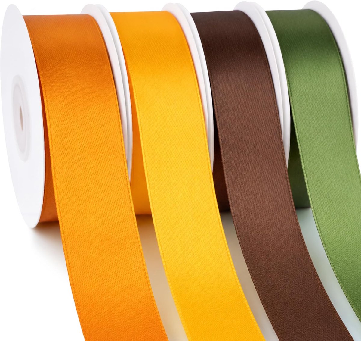 4 x satijnen lint, 25 mm x 22 m, geel, oranje, bruin, groen