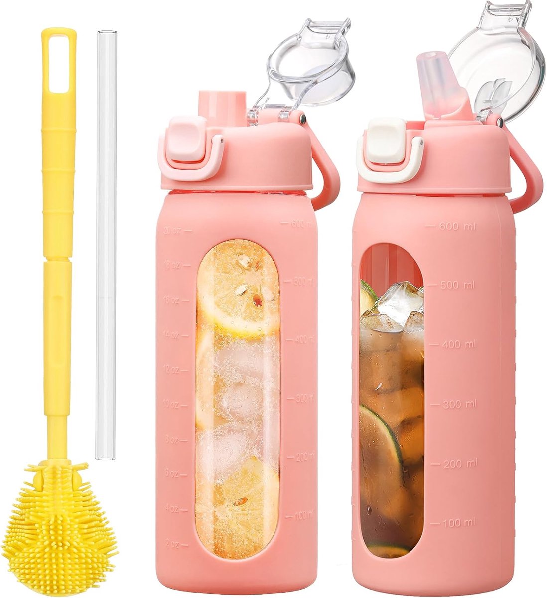 Drinkfles van glas met rietje, glazen fles met antislip siliconen hoes, brede opening, lekvrij, voor koffie en waterfles, BPA-vrij, 600 ml, roze