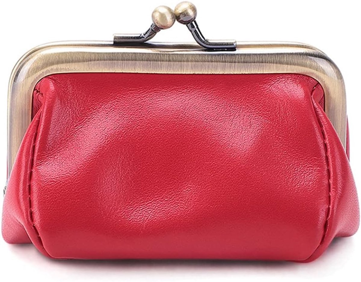 lederen portemonnee met clipsluiting voor dames, klein, knipsportemonnee, muntportemonnee, kliksluiting, rood, vintage