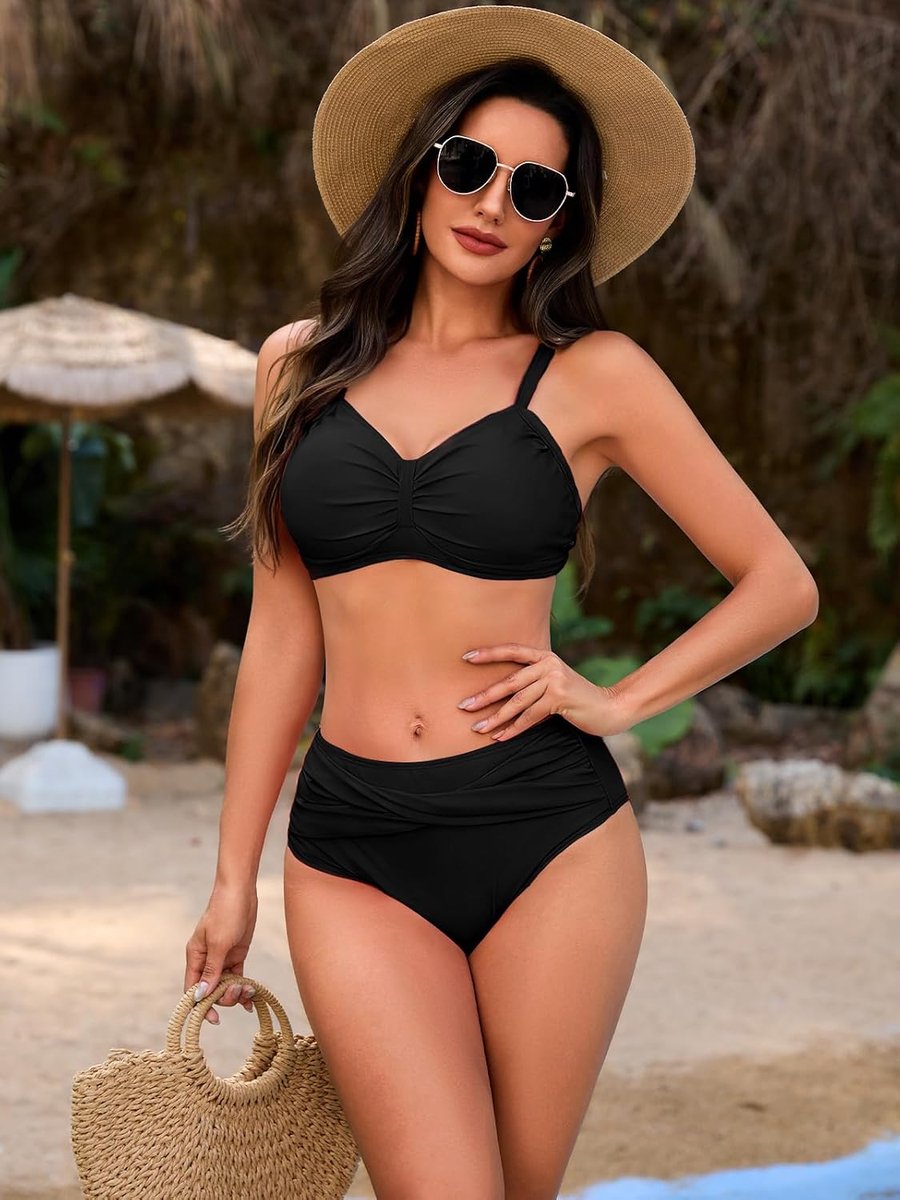 Gedraaide plooien hoge taille bikini tweedelig badpak retro bandjes hoge taille bikini