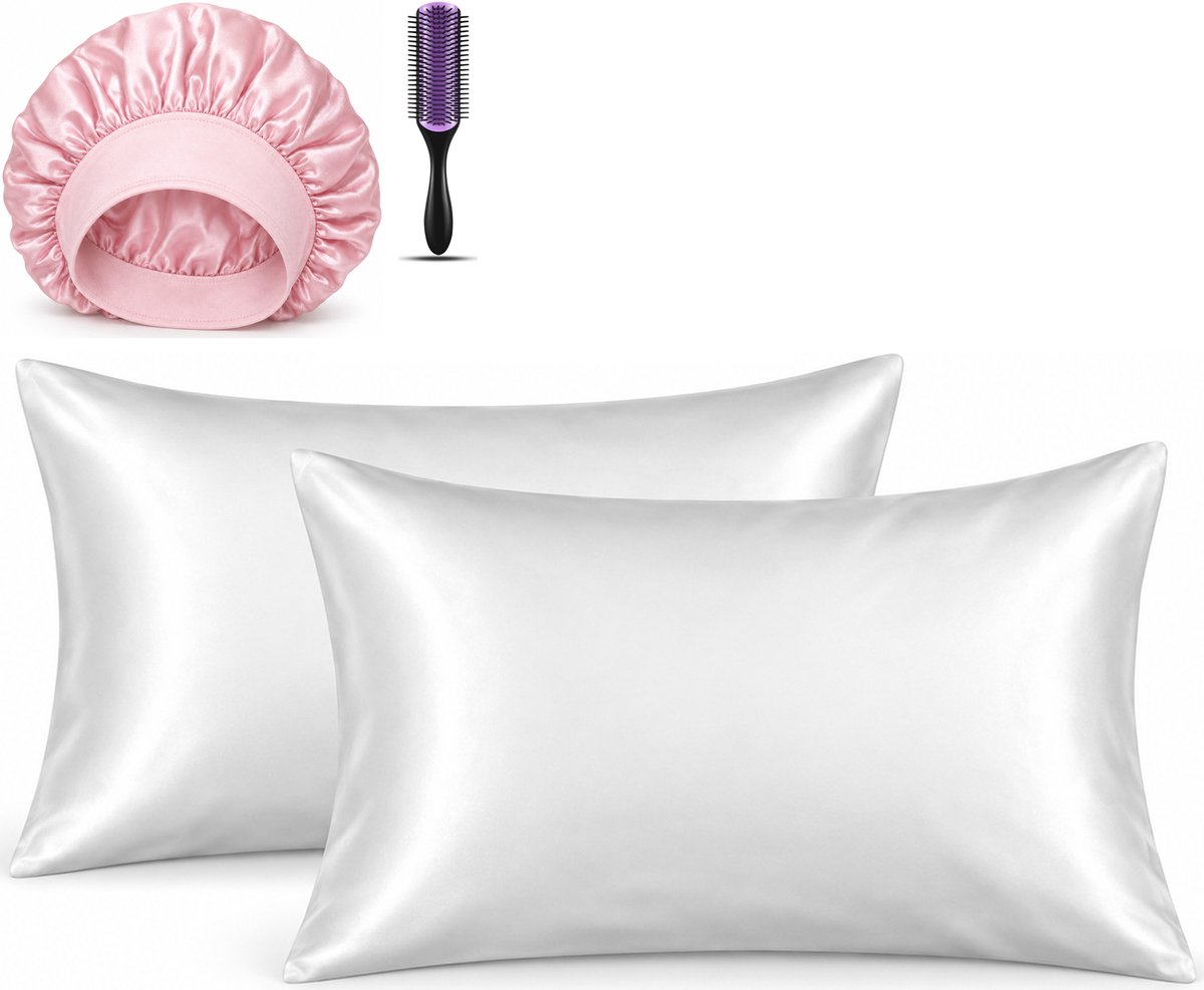 Professor Q Haar- en Slaapset - 2 Kussenslopen Wit 60 x 70 cm - Bonnet Roze - Purple Black Borstel