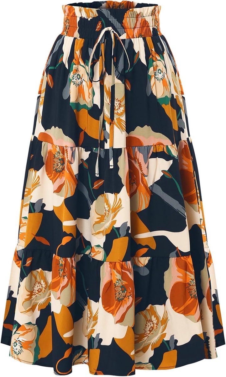 Rokken Elastische Taille Vintage Rokken Bloemenprint Ruches A-lijn Kuitlengte Rokken met Drawsting