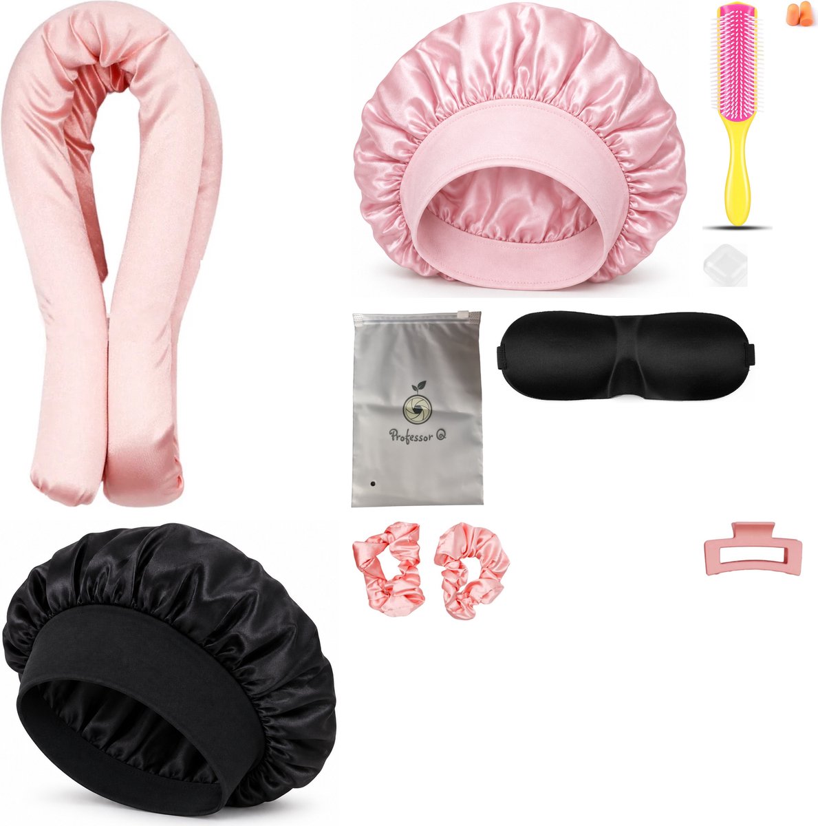 Professor Q Heatless Curls Set - Heatless Curlset met 2 Elastiekjes en Klem - Bonnet Roze - Bonnet Zwart - Fusion Pink Borstel - Slaapmasker Zwart