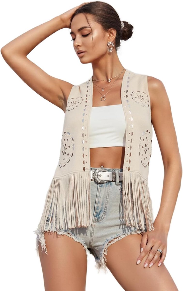 Damesvest met kwastjes, jaren 70, hippie, imitatiesuède, franje, cardigan, effen kleur, open voorkant, mouwloos, Y2k