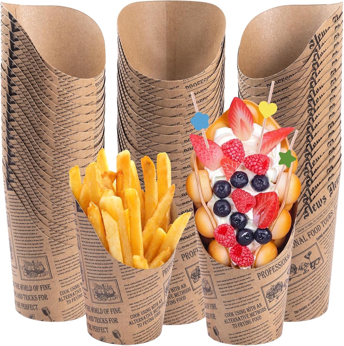 60 stuks kraftpapieren bekers, 340 ml, frietzakken, wafelbekers voor friet