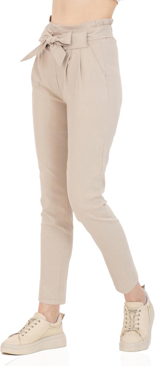 Damesbroek met elastische tailleband, elegant met strik, hoge taille, stoffen broek voor dames, elegante zakelijke broek voor dames