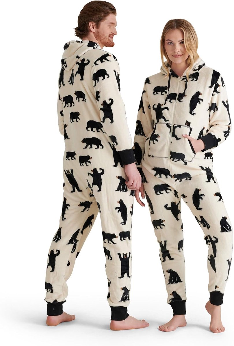 Blue House Hooded Fuzzy Fleece Black Bear Familiejumpuits dames onesie