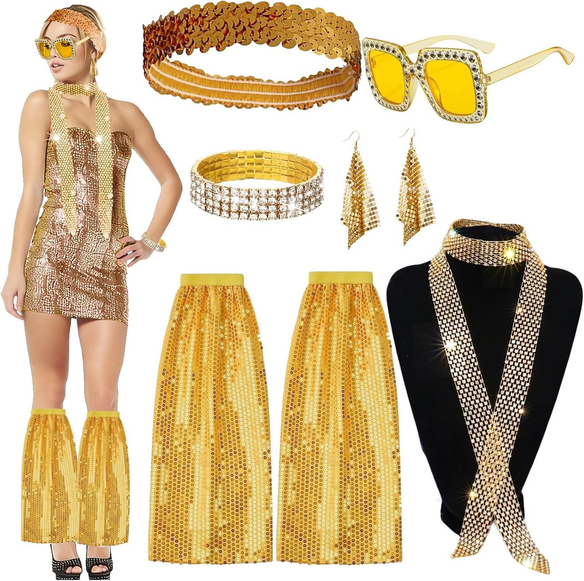 6 stuks jaren 70 disco accessoires, voor dames 70s glitter disco