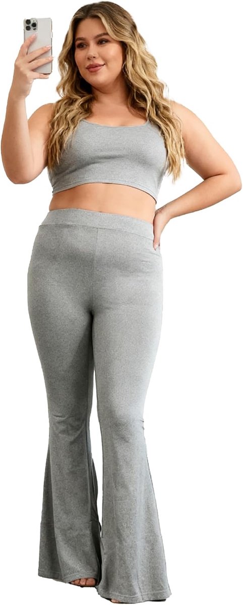 Broek met hoge taille, broekje met klokje, stretchpasvorm, vloerlang
