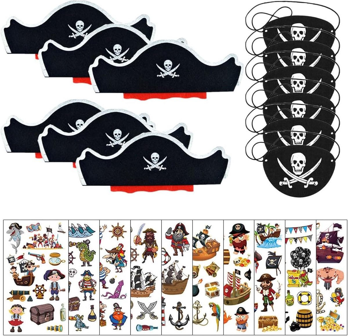 22 stuks piratenaccessoires voor kinderen, 6 piratenhoeden, 6 oogpatches en 10 tatoeages, piratenkostuumset voor verjaardag, Halloween, carnaval en rollenspellen, jongens en meisjes