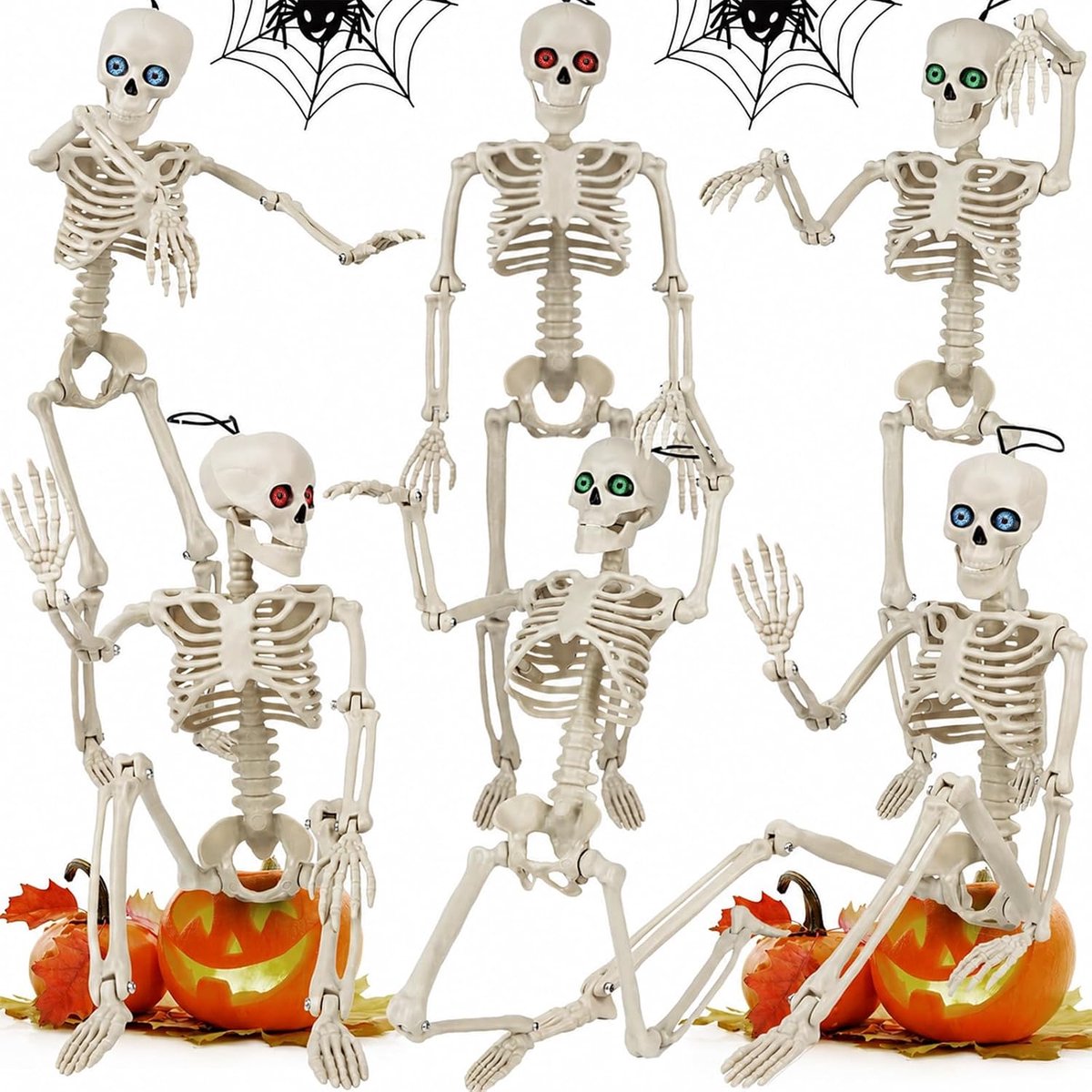 Skelet decoraties - 40 cm beweegbare skeletten met beweegbare gewrichten voor binnen en buiten spookachtige scènes, perfect voor tuin, feest, Halloween-decoratie (6 stuks, wit met