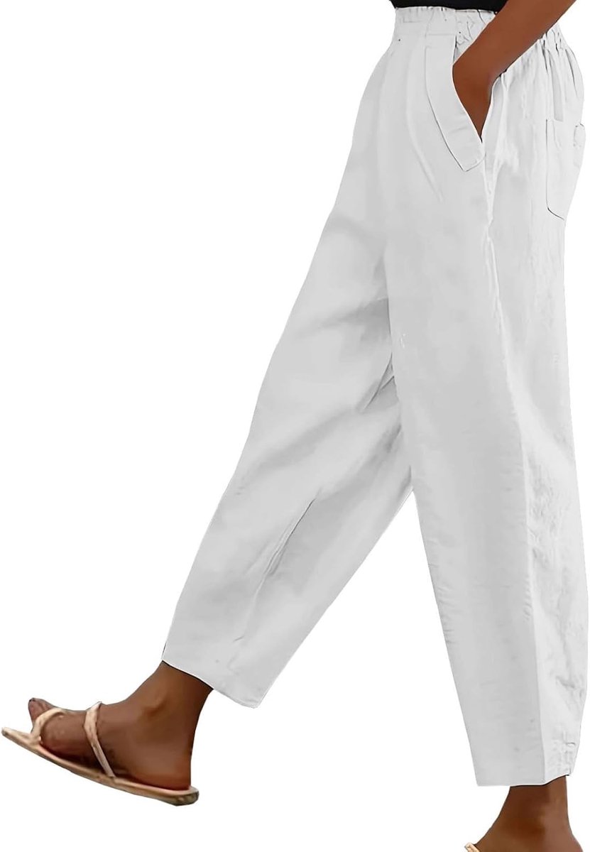 7/8 damesbroek, linnen zomerbroek met zakken, katoenen linnen broek, losse wijde broek, mousseline, elastische tailleband, strandbroek, vrijetijdsbroek, zomerbroek, voor dames, licht en