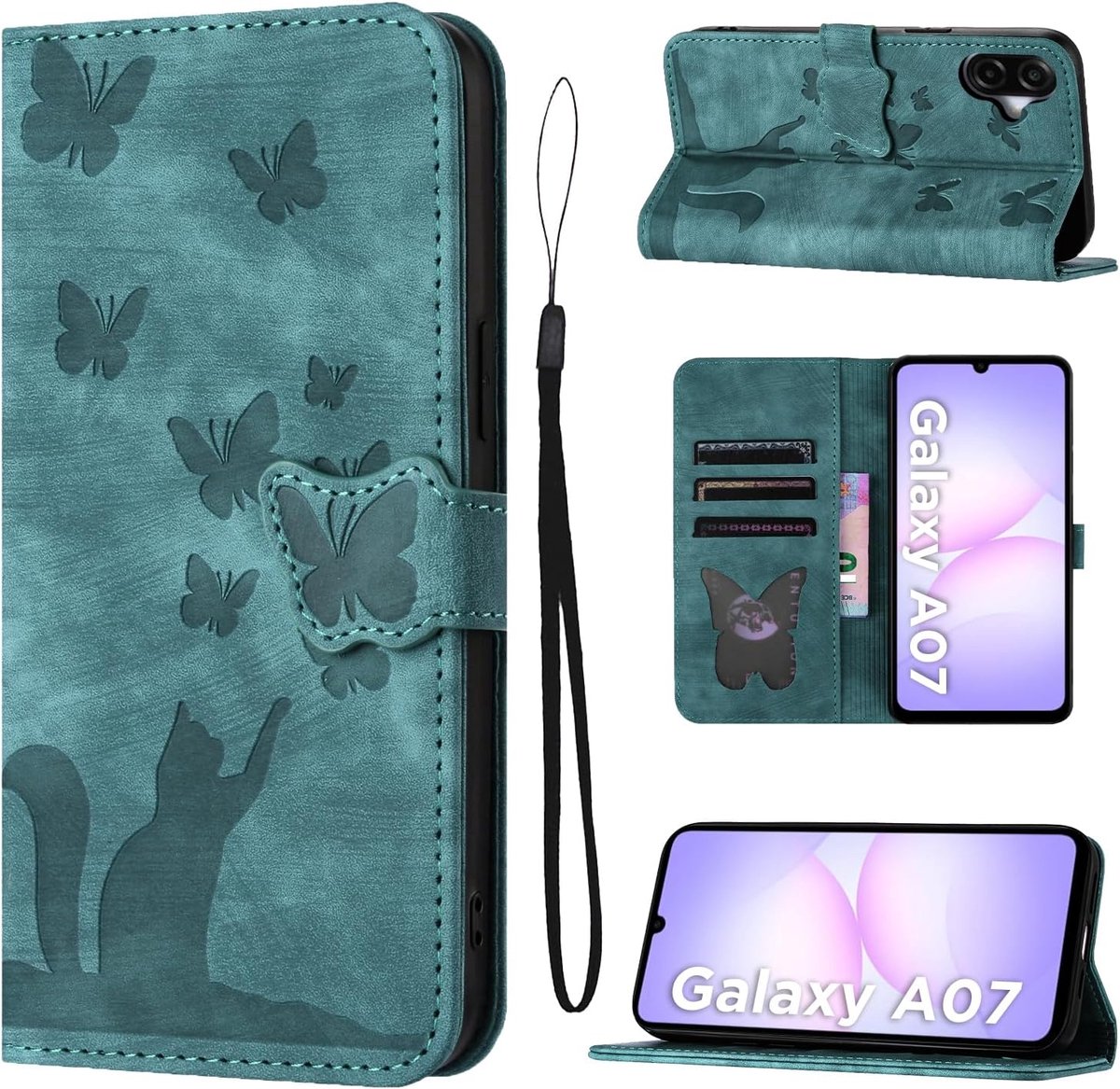 Telefoonhoesje voor Samsung Galaxy A07 4G 6,7 inch Premium PU Leer voor Samsung Galaxy A07 4G Hoesje met Kaartvakjes Inklapbaar Flip Case Standfunctie Beschermhoesje Vlinderkat Groen