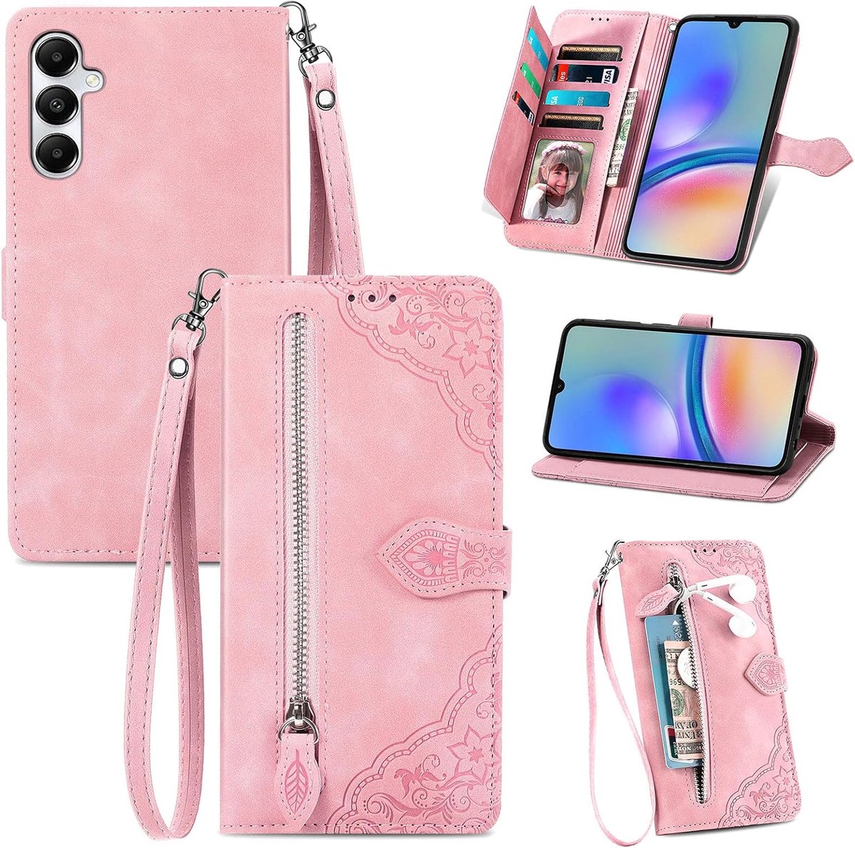 Beschermhoesje voor Samsung Galaxy A05S, met ritssluiting en standaardfunctie, kaartvakjes, magnetisch, schokbestendig, leren portefeuille, hoes voor Galaxy A05S, roze