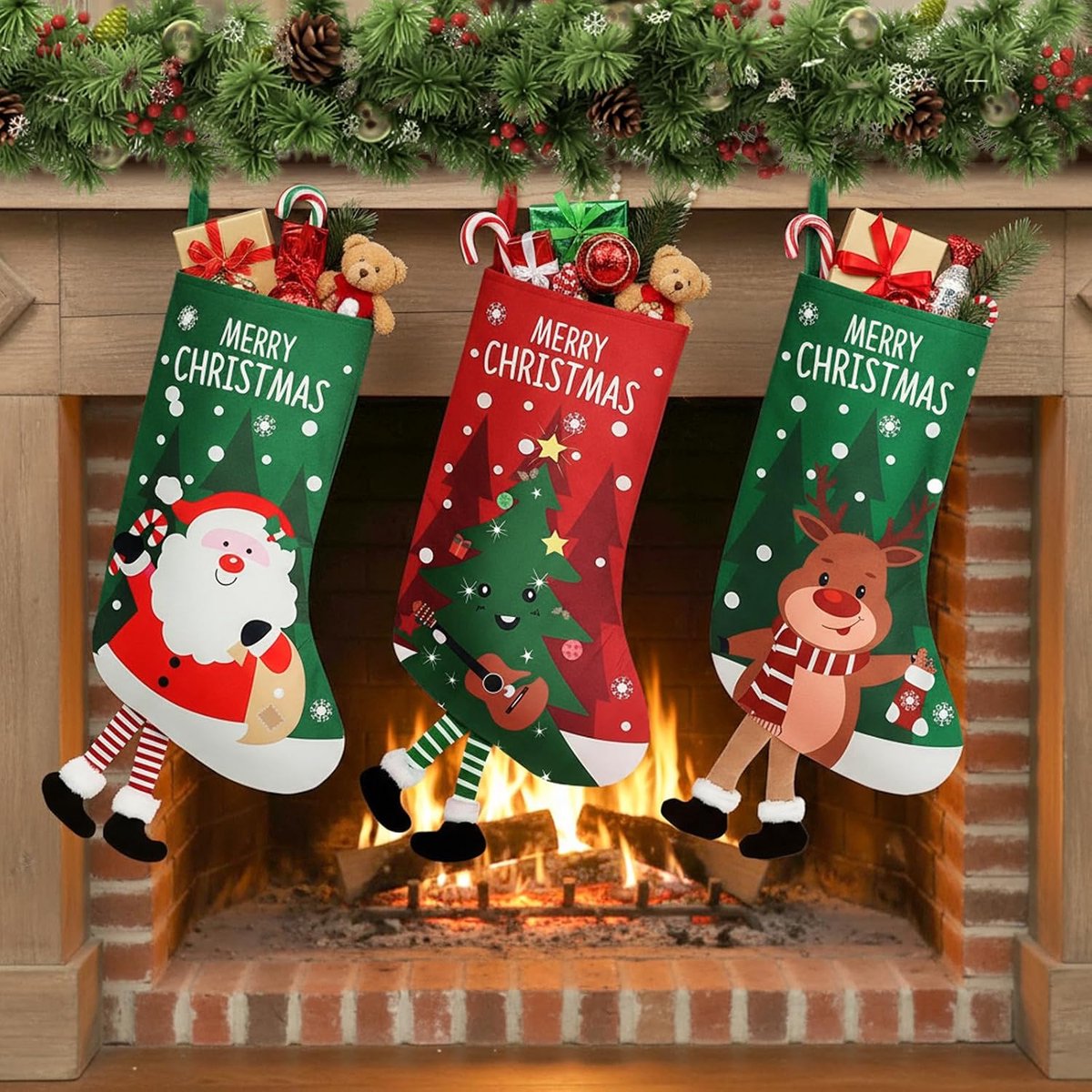 Kousen, 44 cm grote kerstkousen met kerstman, rendier en boompatroon, hangende kerstdecoraties voor open haardtrap, rood groen