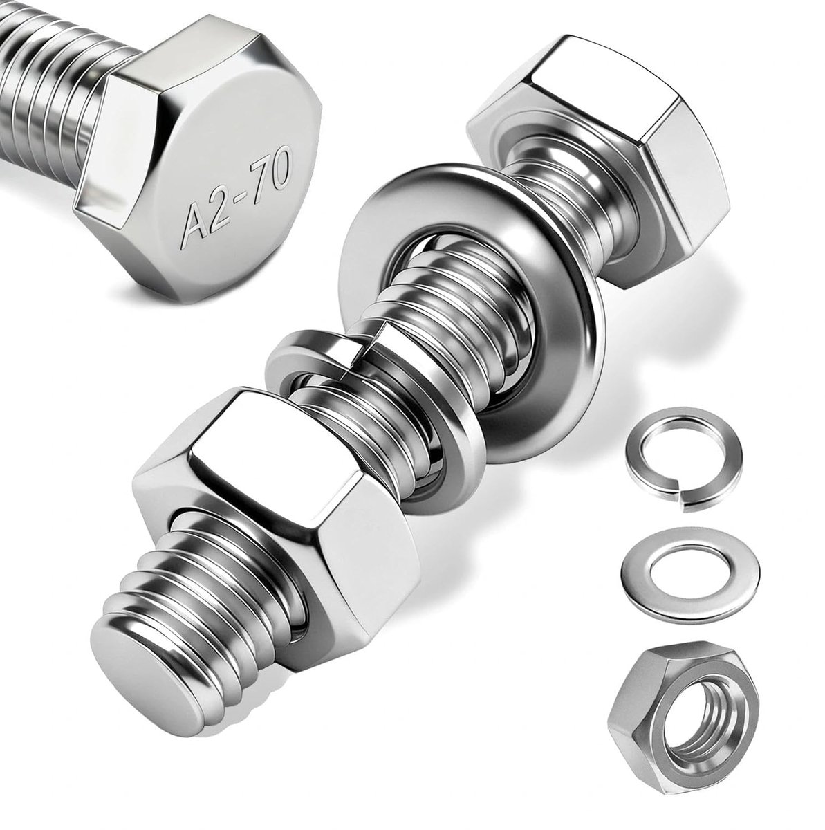 Zeskantschroeven en moeren, M10 x 50 mm, 12 stuks zeskantschroeven van roestvrij staal A2 V2A, DIN 933 bouten en moeren sluitringen set - voor machines, auto's, meubels, fietsen