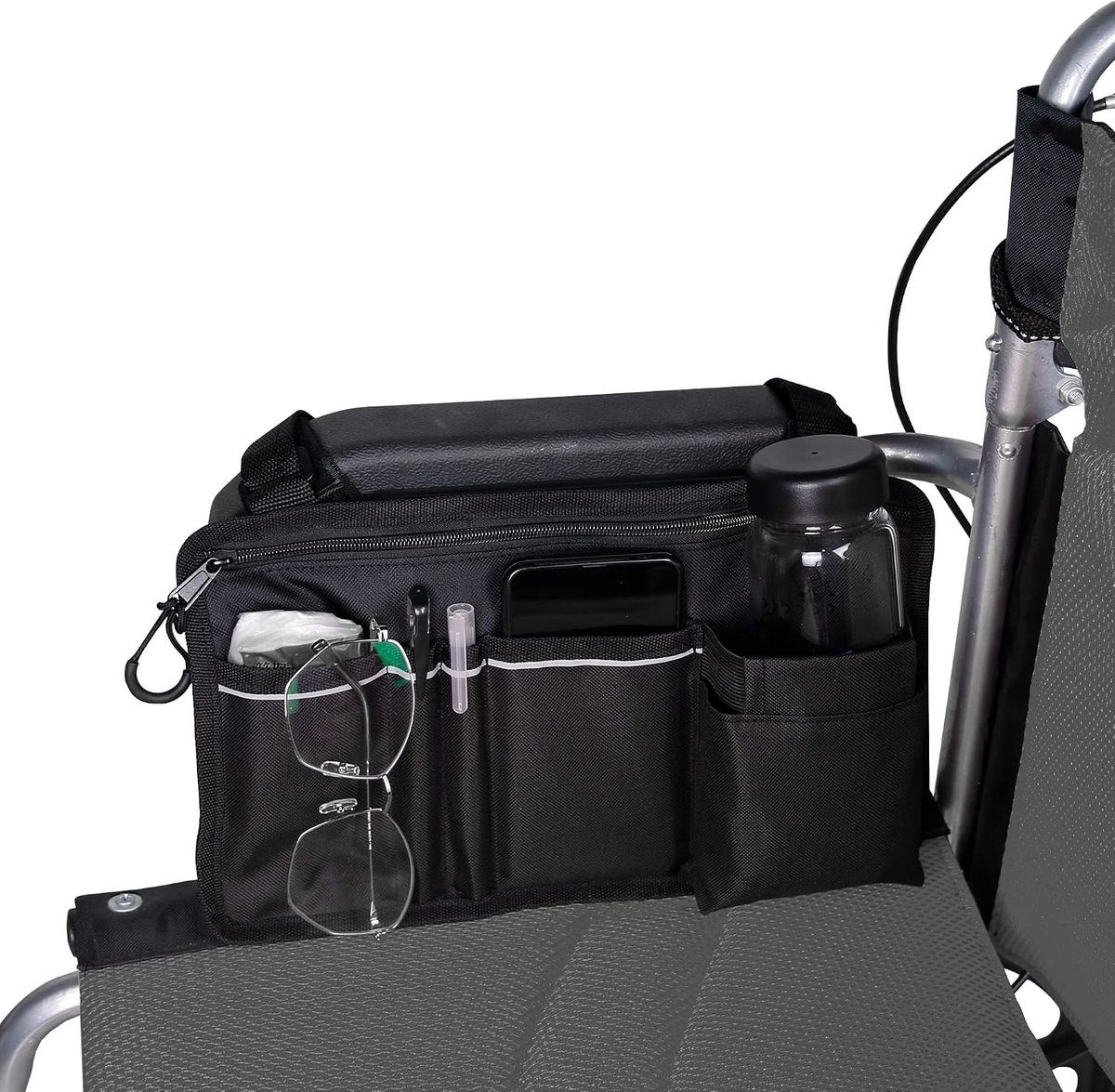 Zijtas voor rolstoel, dubbelzijdig armsteunzakje met bekergreep en reflecterende strip, voor de meeste rolstoelen, rollators of rollators