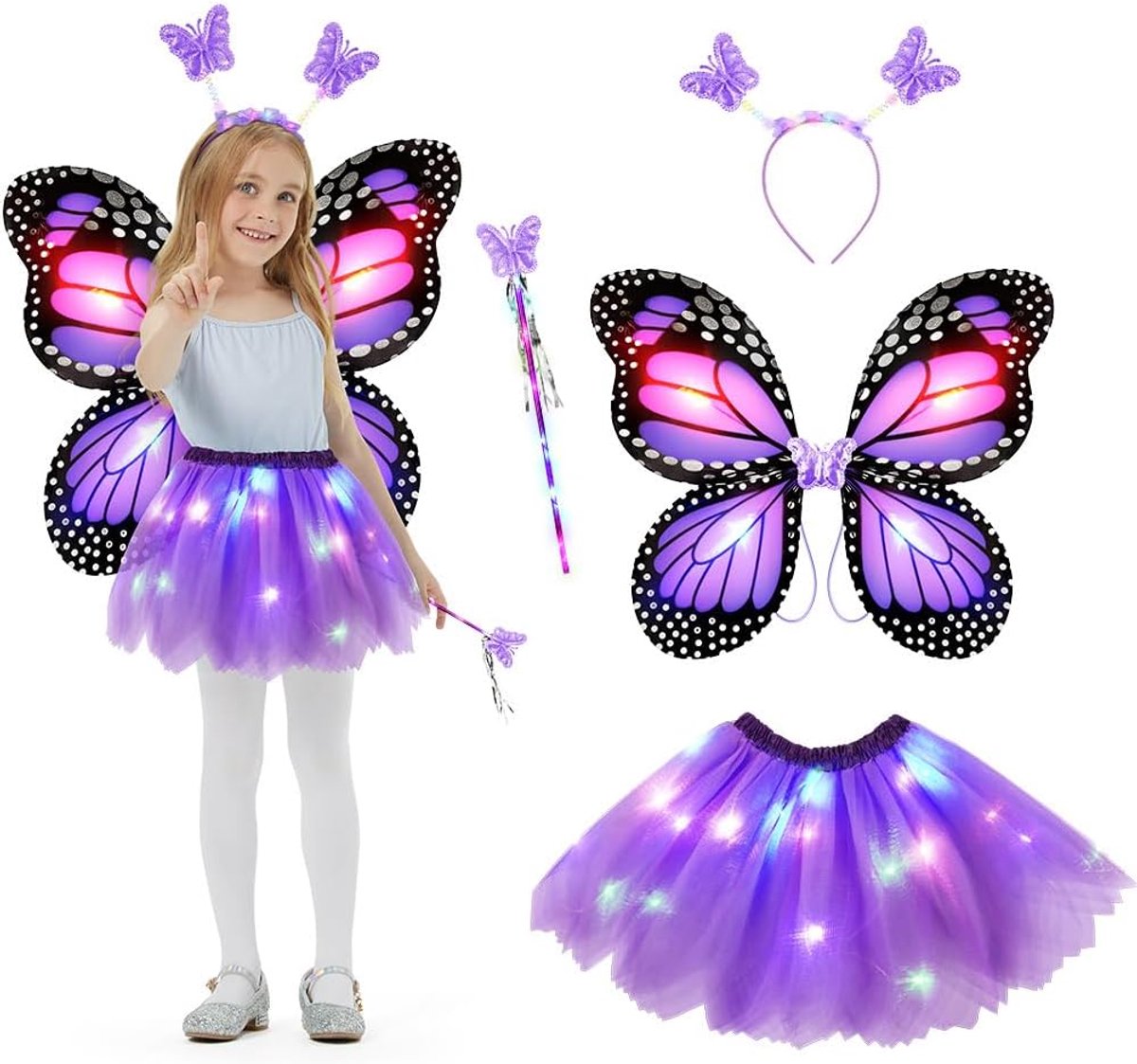 Feeënkostuum voor meisjes, 4-delige set, glinsterende vlinderkostuums, verlichte tuturok, vlindervleugels, haarband, toverstaf, feeënkostuum voor Kerstmis, carnaval, cosplay