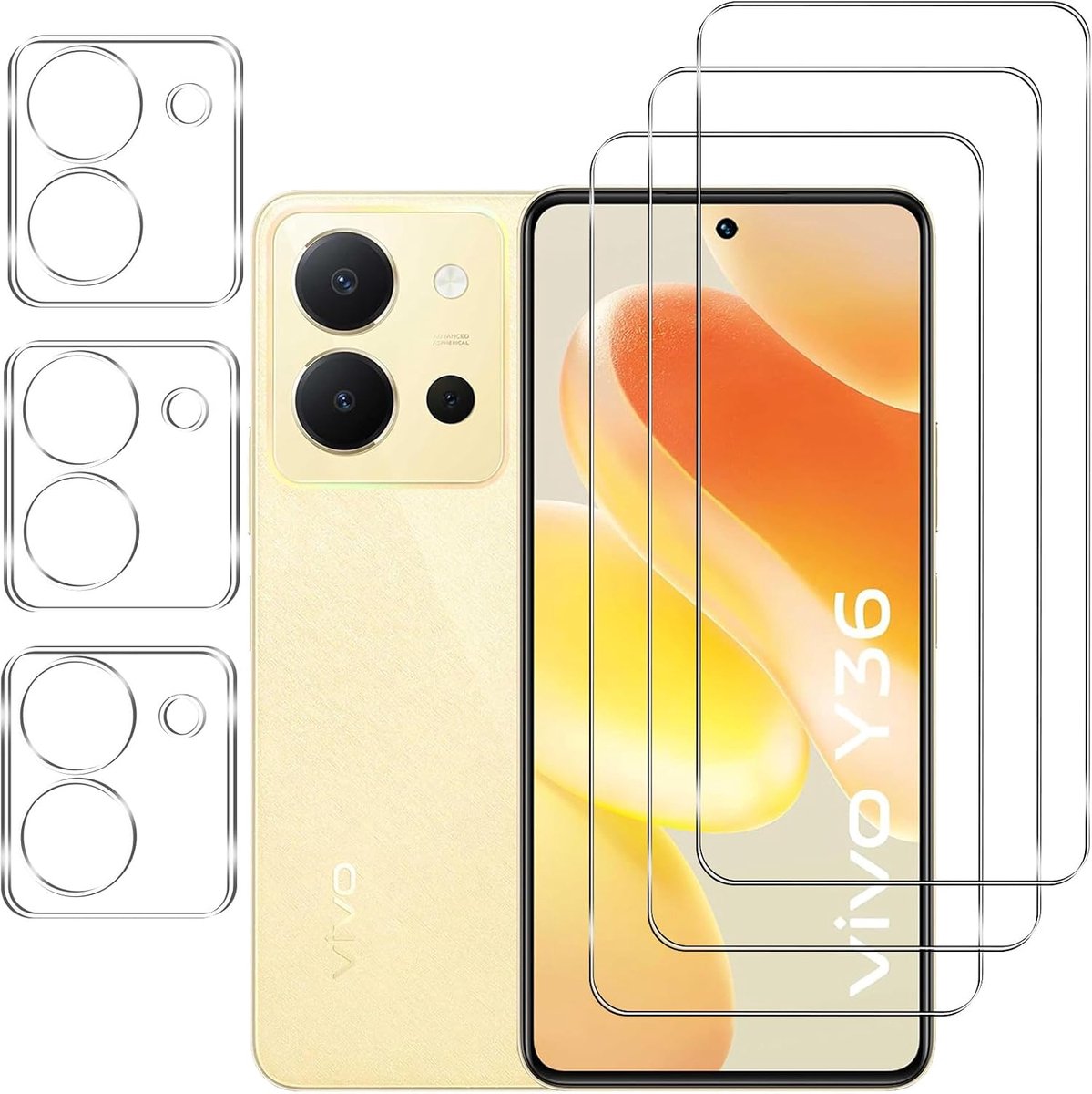 [3 + 3 stuks voor VIVO Y36 4G voor pantserglas beschermfolie en camera beschermfolie, 9H hardheid, anti-kras, anti-belletjes, HD helder scherm beschermfolie voor VIVO Y36 4G
