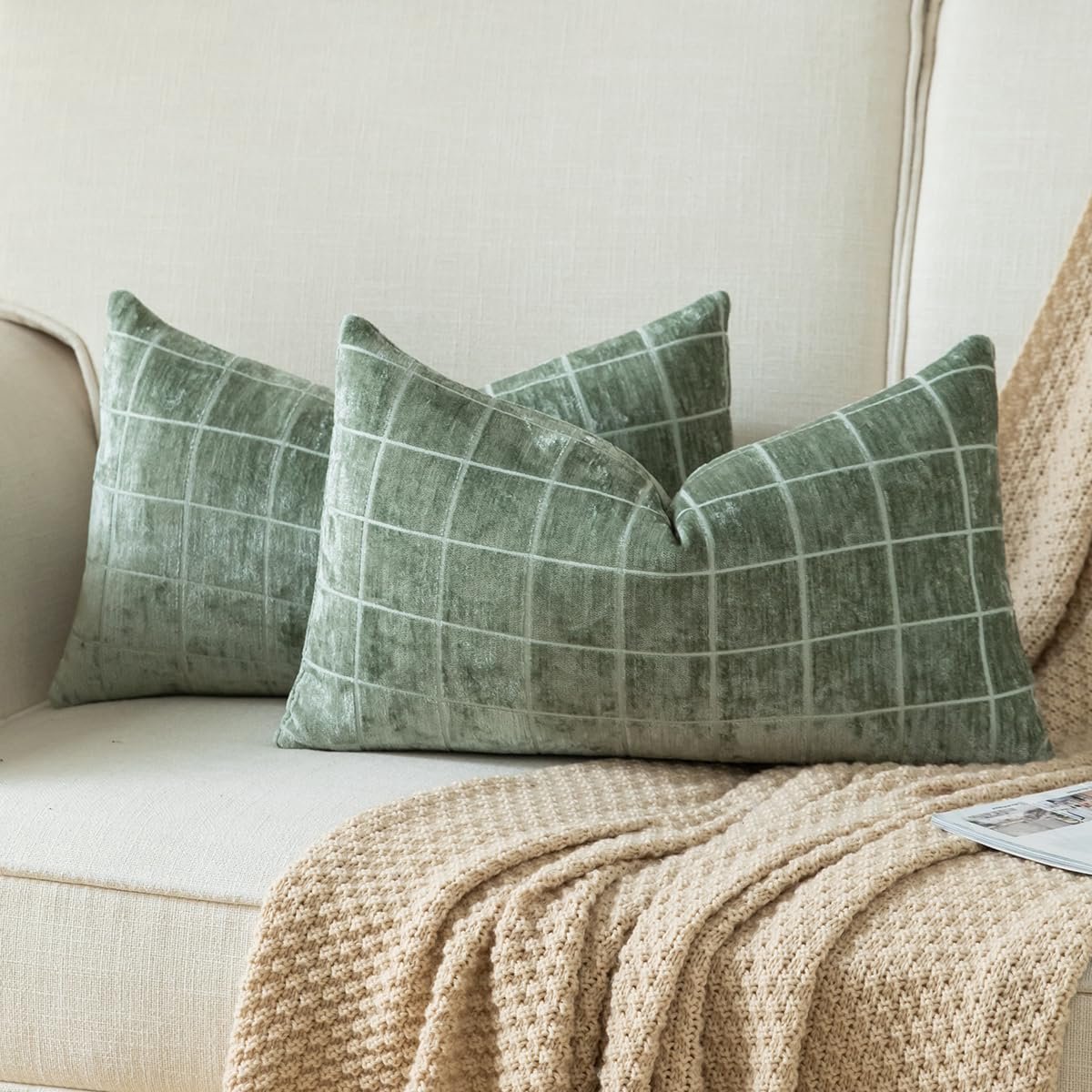 Famanu Set van 2 chenille geruite kussenslopen decoratieve vintage tweed kussensloop neutraal boho bankkussens landhuis kussenslopen voor bank bank woonkamer 30 x 50 cm salie wit