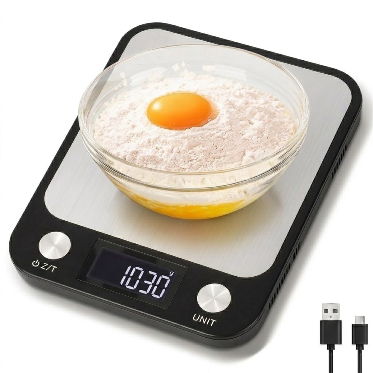 1g/10kg Oplaadbare Digitale Keukenweegschaal, 17,5 x 15cm Groot Platform Elektronische Voedselweegschaal met 7 Eenheden en Tarrafunctie, Kook- en Bakweegschaal met Aanraakknop en Batterijen