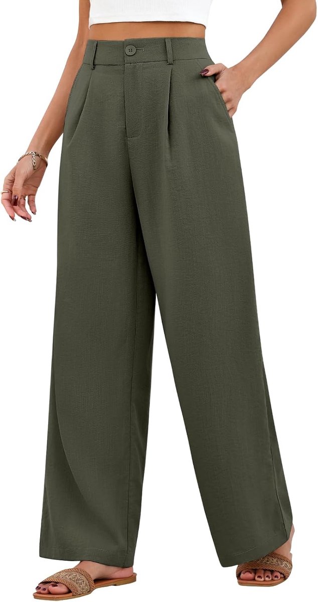 zomer, hoge taille, wijde pijpen, damesbroek, lichtgewicht, elegant, losse palazzobroek met zakken, casual bodems