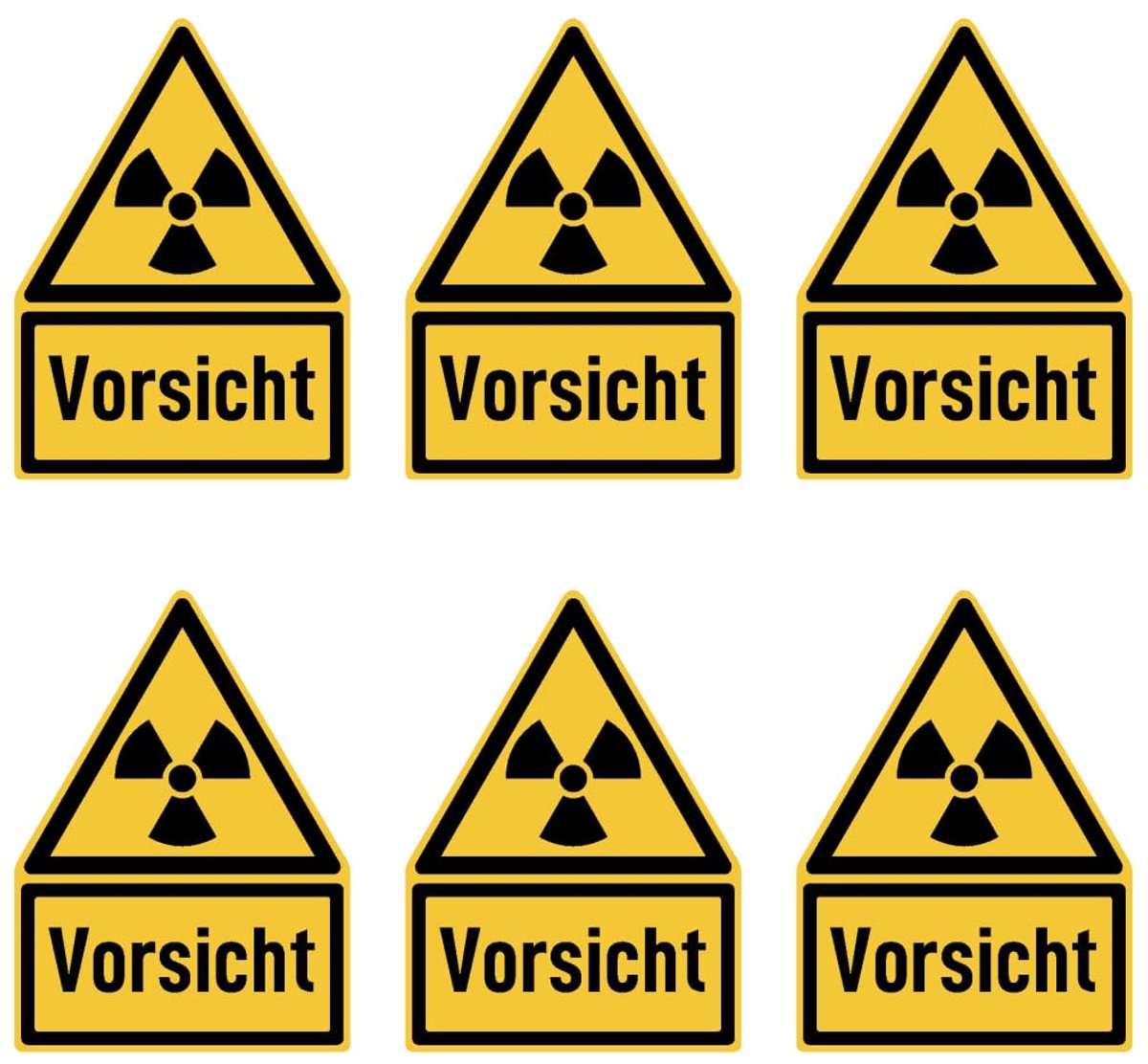 75x50 mm, 6 stuks - signaalwoord voorzichtig voor radioactieve stoffen of ioniserende stralen - waarschuwingsteken met tekst (Duits) (geel/zwart) - driehoek - W003 - DIN EN ISO 7010 / ASR