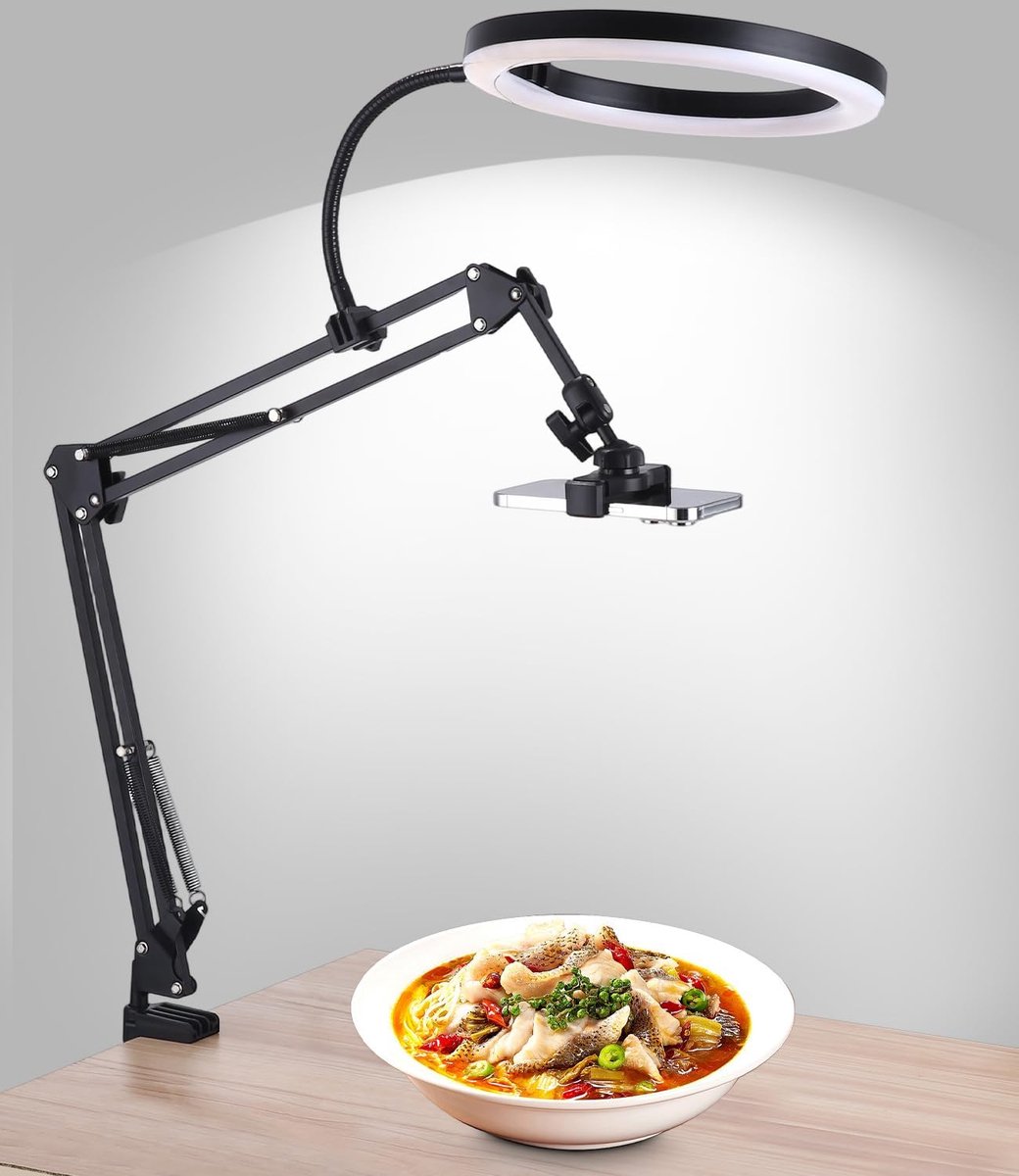 Telefoon statief met ringlicht, 10 inch overhead statief mobiele telefoon met afstandsbediening, flexibele tafelcamerarm met licht, 3 lichtkleuren + 10 helderheden, 360° draaibare verlichting