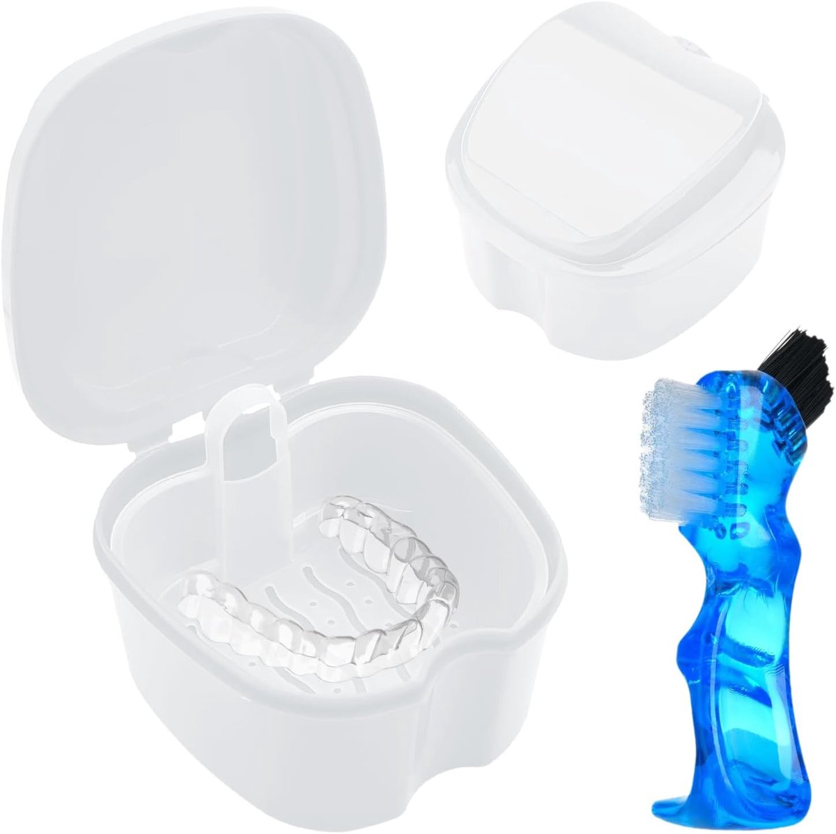 Tandprothesen-box met prothesenborstel, prothesendose, tandrail-box, tandheelkundige pod, beugeldoos, onzichtbare beugel opbergdoos voor houder