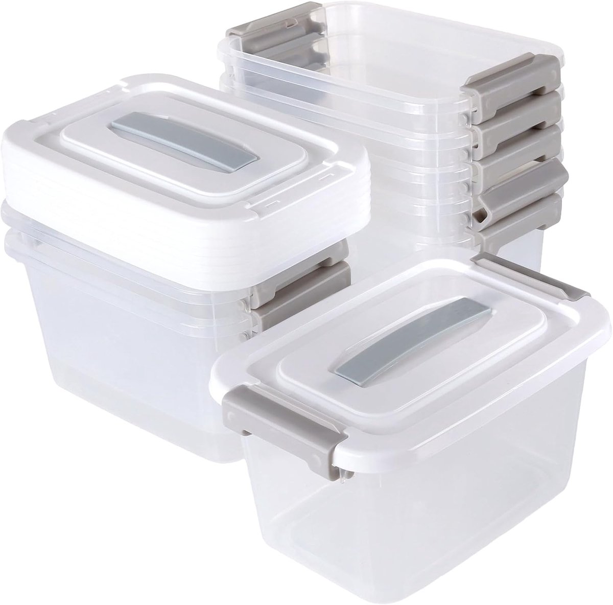 8 stuks opbergdozen met deksel, 5 l stapelbare kunststof dozen, transparante plastic dozen met sluitclips, 25 x 18 x 15 cm, voor keuken, garage en knutselmateriaal