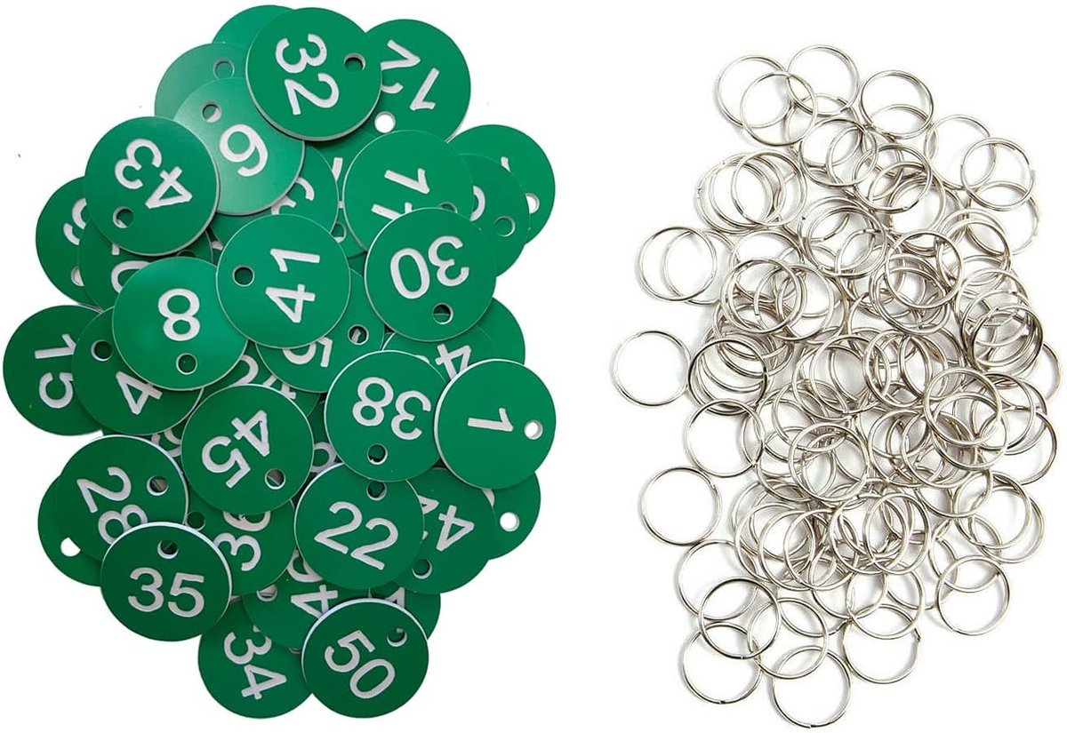 ID-nummerlabels Nummerlabels Sleutelhangers met Sleutelringen (Groen, 1-50)