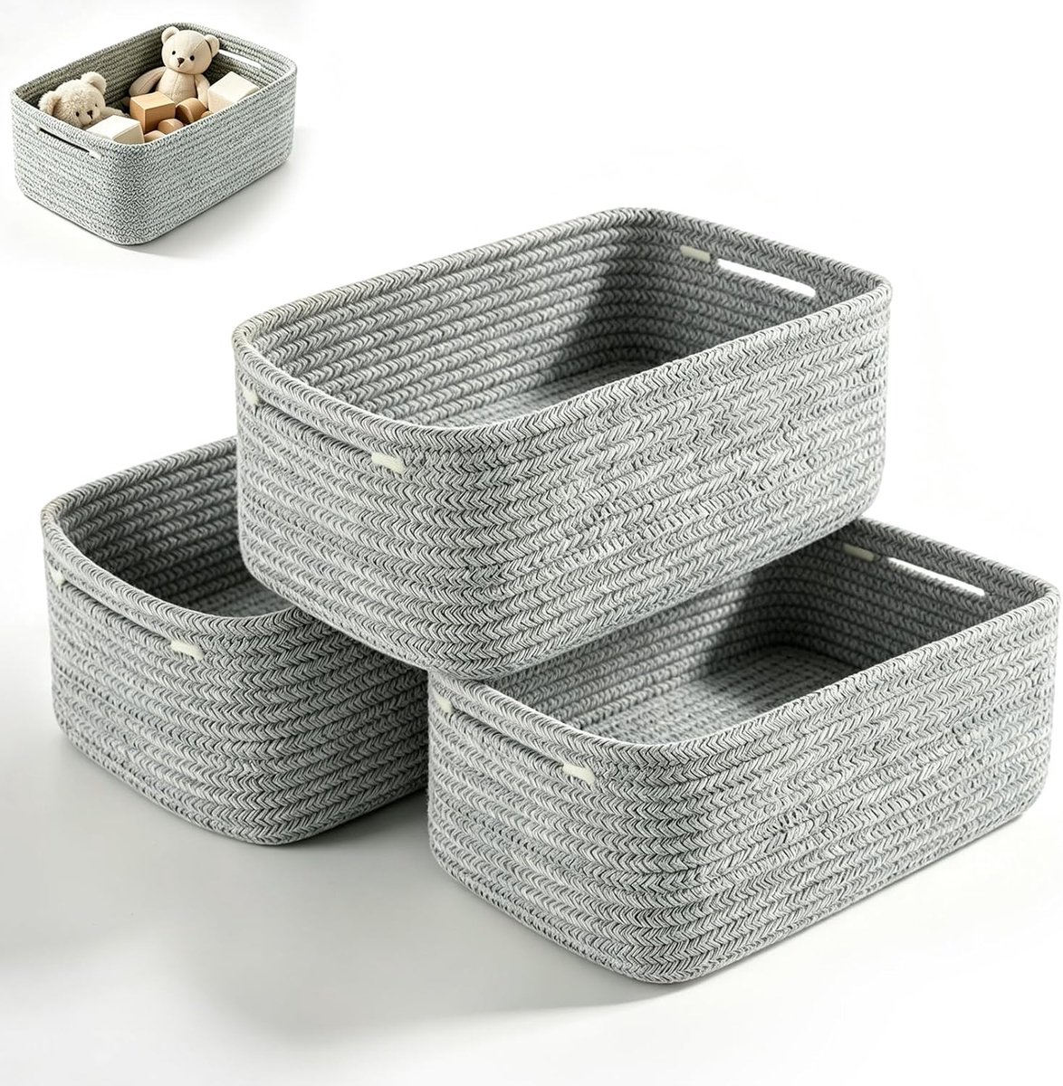 3 stuks, touwmand, plankmand, 30 × 20 × 11 cm, grijs