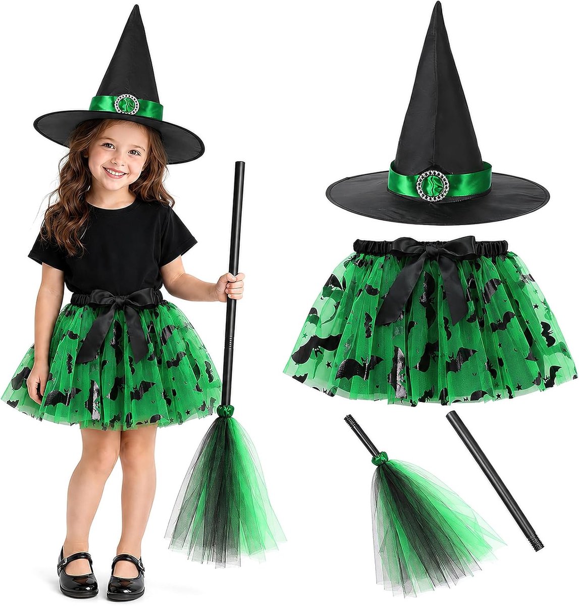 Heksenkostuum voor meisjes, 3-delig Halloween-kostuum voor kinderen, heksenkostuum met tule rok, heksenhoed en bezem voor Halloween, carnaval, rollenspel en themafeest